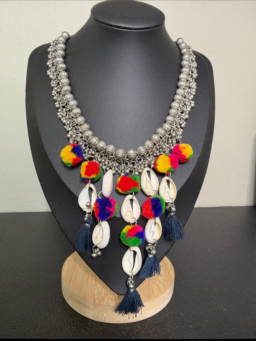 Bohemian Multi-Color Shell & Pom Pom Statement Necklace